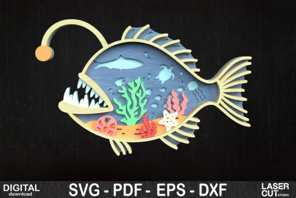 3D Layered Angler Fish Ocean Scene for Laser Cutting