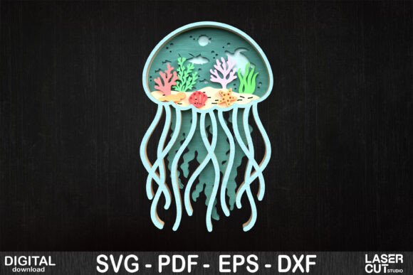 3D Layered Jellyfish Ocean Scene for Laser Cutting Wall Decor