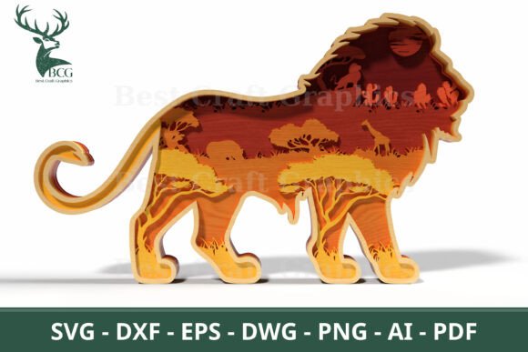 3D Layered Lion SVG Safari Scene