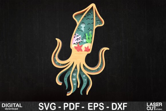 3D Layered Squid Ocean Scene for Laser Cutting