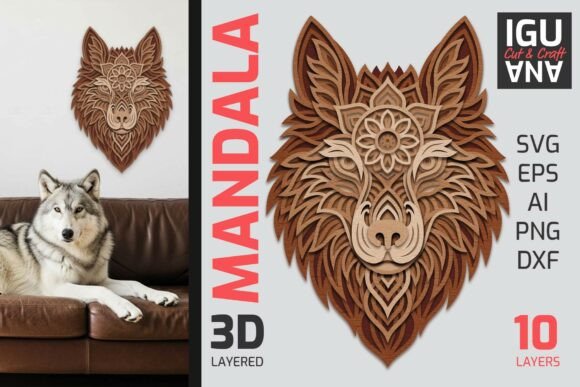 3D Layered Wolf Mandala SVG Wall Art
