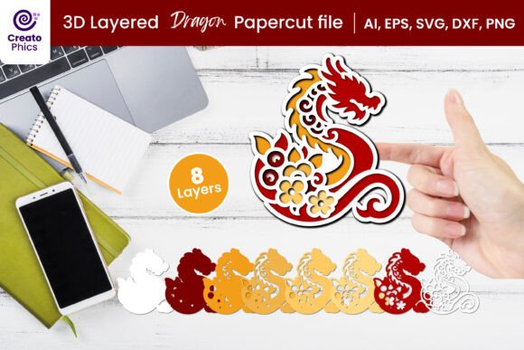 3D SVG Dragon Papercut Shapes