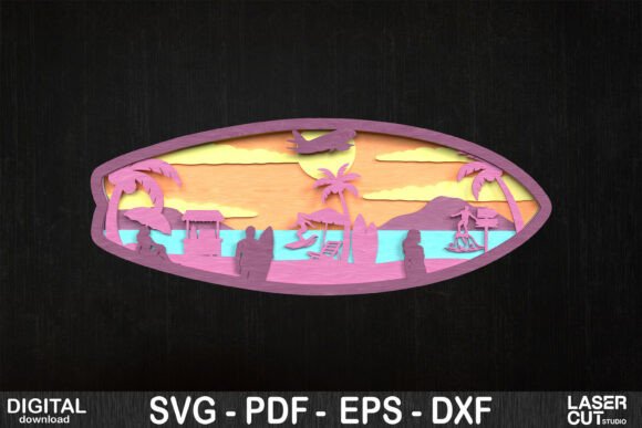 Surfboard Beach Scene Layered SVG for Laser Cutting and Wall Decor