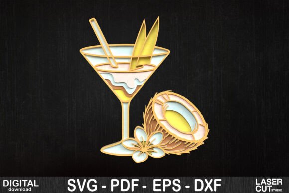Tropical Cocktail Coconut Layered SVG for Laser Cutting